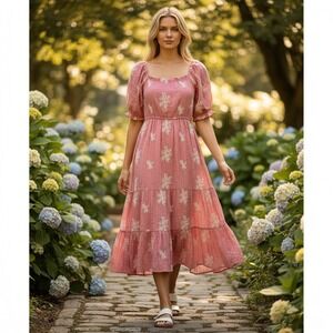 NewIn Tiered Midi Dress Womens Large Pink Floral Embroidered Puff Sleeve ND31742